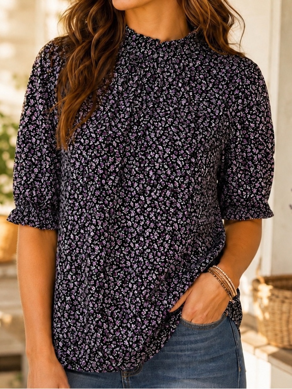 Floral Black and Purple Women's Top size large